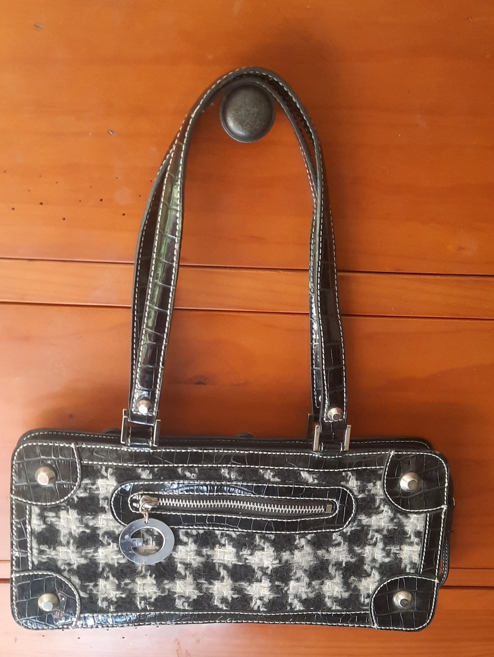 Guess Black and White Houndstooth Shoulder Bag with Patent Trim